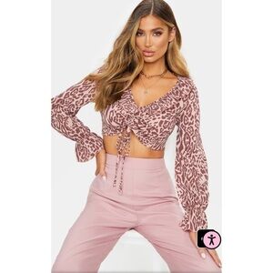 PrettyLittleThing Pink Leopard Print Ruched Front Blouse Size 6